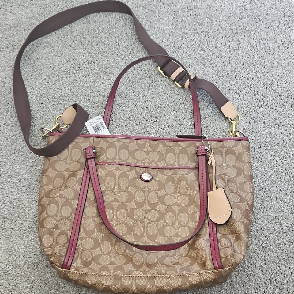 Coach Brown and Pink Shoulder Bag with Monogram Pattern